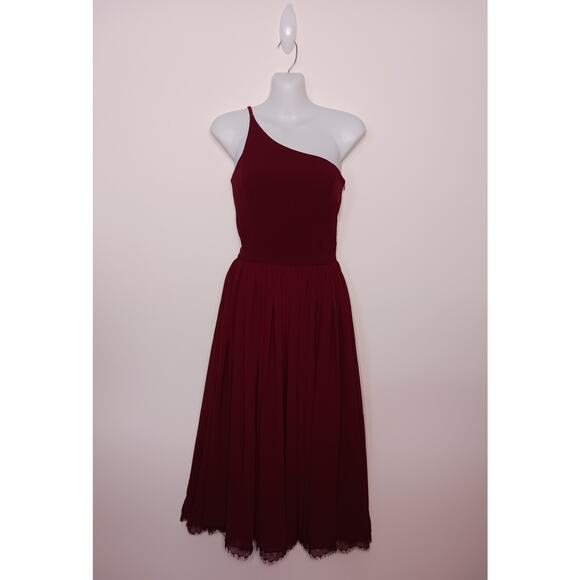 DRESS THE POPULATION ASYMMETRICAL BURGUNDY MIDI DRESS , size S - Picture 3 of 12